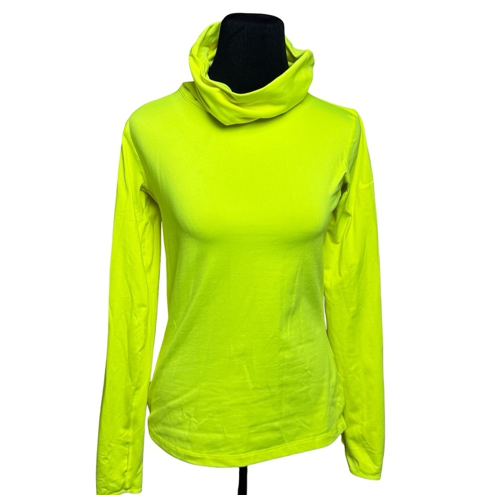 Nike Pro Dri Fit Top Women M Neon Yellow Long Sleeve Turtle Neck Run Walk Bright